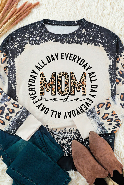 Black Mom Letter Graphic Print Leopard Bleached Sweatshirt